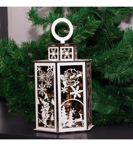 Yılbaşı Tasarımlı Özel Mumluk Altıgen Beyaz Ahşap ürün görseli 1