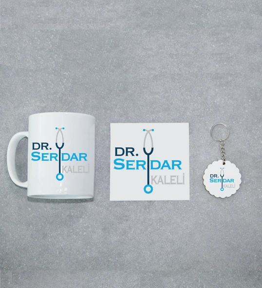 Doktora Özel İnci Beyazı Kupa Bardak, Altlığı ve Anahtarlık Seti ürün görseli