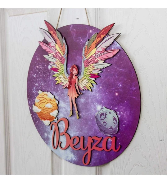 Melek Kanatlı İsme Özel Çocuk Odası Kapı Süsü - Resim 2