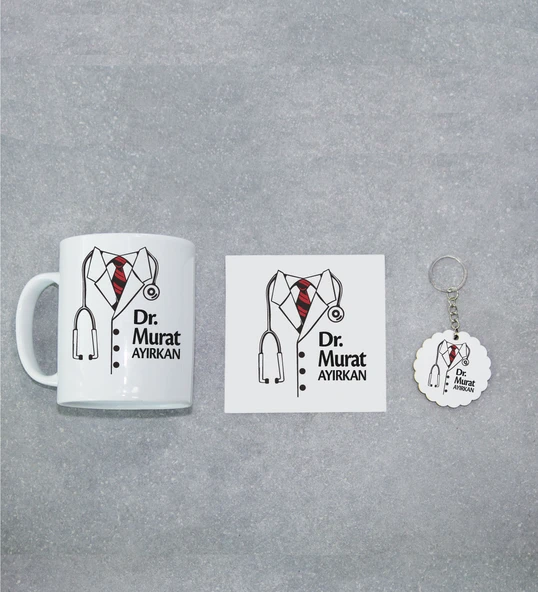 Doktora Özel İnci Beyazı Kupa Bardak, Altlığı ve Anahtarlık Seti ürün görseli