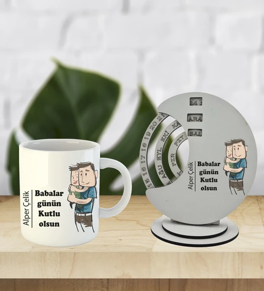 Babalar Günü Özel Kişiselleştirilebilir Ahşap Döner Takvim Ve Kupa ürün görseli 1