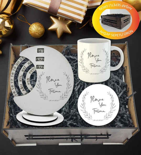 Kişiye Özel Sevgililer Günü Temalı Döner Takvim Kupa Ve Kupa  Altlığı  Hediye Sepeti ürün görseli 1