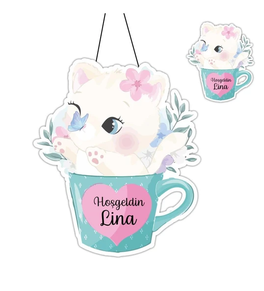 Kişiye Özel Bebek Kapı Süsü Ve 50 Adet Magnet Seti Kupa Kedi ürün görseli