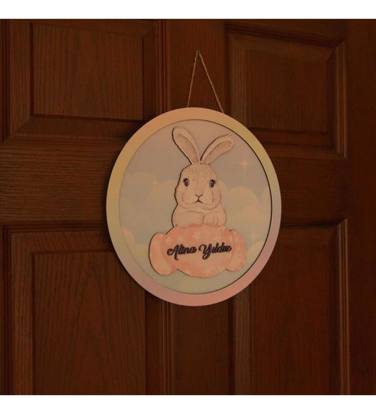 Meşgalem Bulut Üstünde Oturan Tavşancık Temalı Kişiye Özel Kapı Süsü - Resim 2