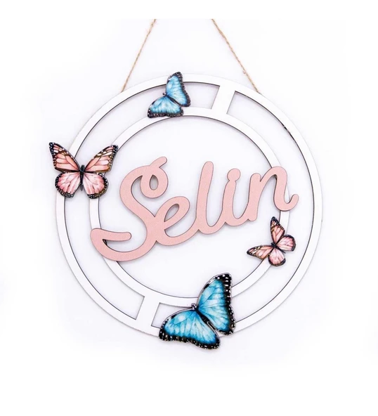 Kişiye Özel 3D Bebek Ahşap Kapı Süsü Kelebekli Çiçekli 30x30cm ürün görseli