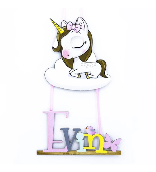 Meşgalem Bulut Üstünde Uyuyan Unicorn Temalı Kişiye Özel Kapı Süsü ürün görseli
