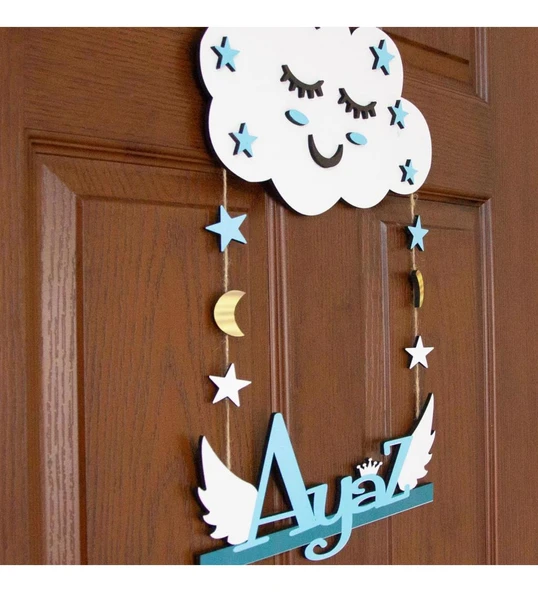 Meşgalem Gülümseyen Mavi Bulut ve Melek Kanatlı Temalı Kişiye Özel Kapı Süsü - Resim 2