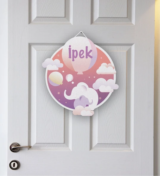 İsme Özel Fil ve Gökyüzü Temalı Çocuk Odası Kapı Süsü ürün görseli