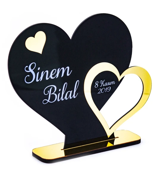 İsme Özel Kalp Figürlü Siyah Pleksi Kına, Söz, Nişan İsimlik - 1