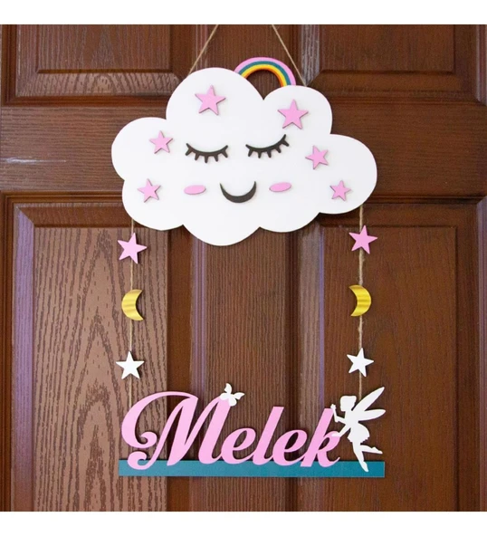 Meşgalem Gülümseyen Pembe Bulut ve Peri Kızı Temalı Kişiye Özel Kapı Süsü ürün görseli