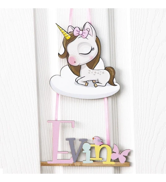 Meşgalem Bulut Üstünde Uyuyan Unicorn Temalı Kişiye Özel Kapı Süsü - Resim 2
