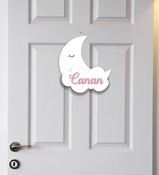 Meşgalem Bulut Üstünde Uyuyan Ay Temalı Kişiye Özel Kapı Süsü ürün görseli