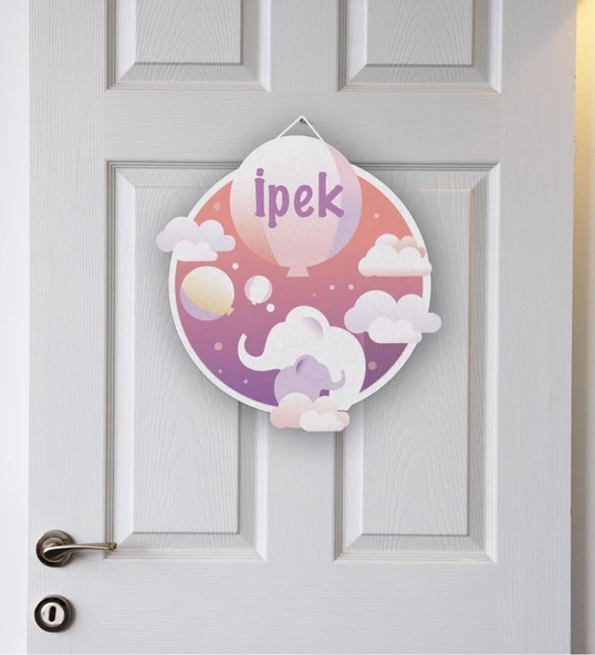 Meşgalem Gökyüzü Desenli Fil ve Yavrusu Temalı Kişiye Özel Kapı Süsü ürün görseli