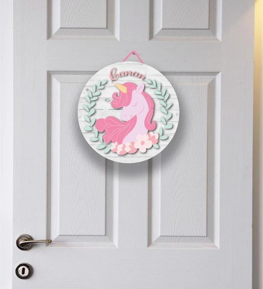 Meşgalem Yapraklarla Süslenmiş Pembe Unicorn Temalı Kişiye Özel Kapı Süsü - 1