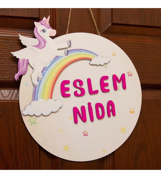 İsme Özel Unicorn Tasarımlı Gökkuşağı Çocuk Odası Kapı Süsü ürün görseli