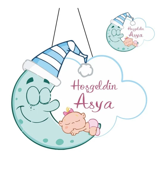 Kişiye Özel Bebek Kapı Süsü Ve 50 Adet Magnet Seti Uyuyan Ay ürün görseli
