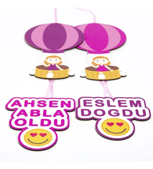 Meşgalem Pembe Uçan Balonda Kardeşler Temalı Kişiye Özel Kapı Süsü - Resim 2