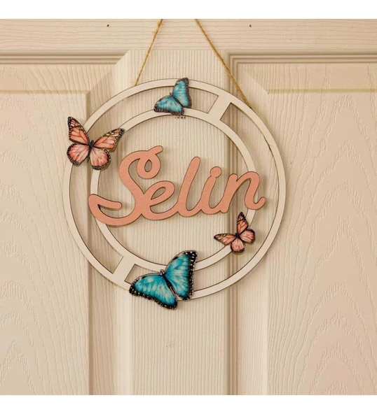 Kişiye Özel 3D Bebek Ahşap Kapı Süsü Kelebekli Çiçekli 30x30cm - Resim 3