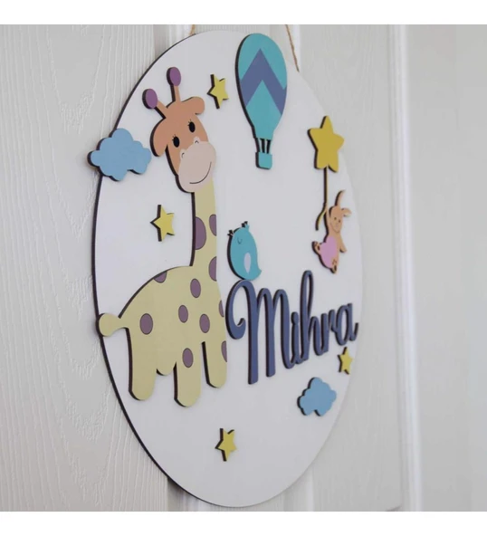Zürafa Temalı Hayvanlar Ahşap Çocuk Kapı Süsü - Resim 2