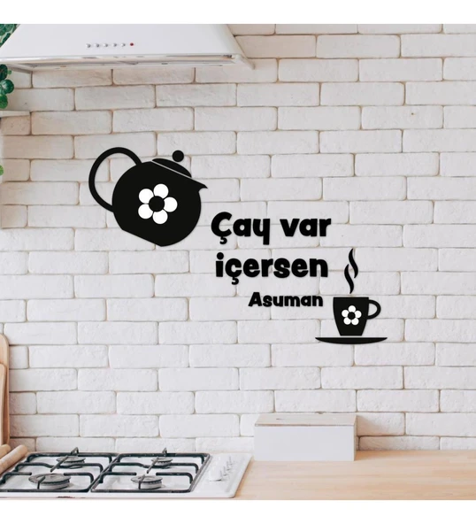 Ahşap Dekoratif Mutfak Aynası İsme Özel Çay Temalı Duvar Süsü