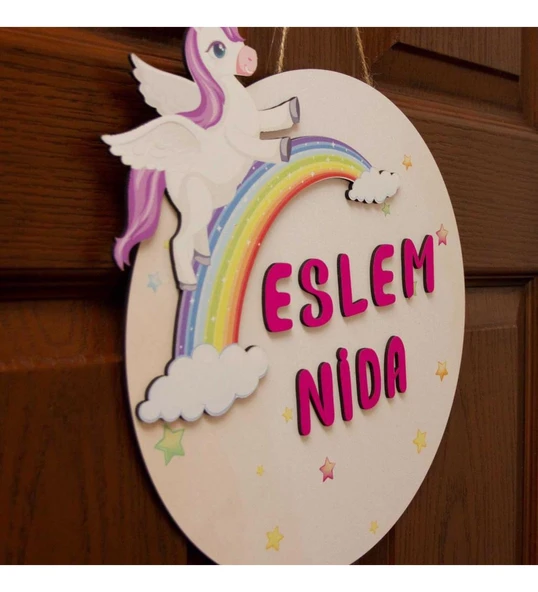 İsme Özel Unicorn Tasarımlı Gökkuşağı Çocuk Odası Kapı Süsü - Resim 2