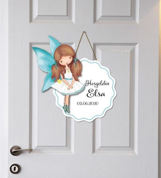 Meşgalem Mavi Kanatlı Güzel Kız Temalı Kişiye Özel Kapı Süsü ürün görseli