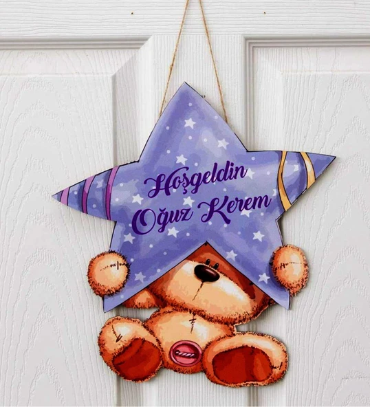 Küçük Ayı Temalı İsme Özel Çocuk Odası Kapı Süsü - Resim 2