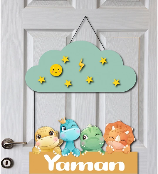 Kişiye Özel Sevimli Dinozorlar Kapı Süsü 45x30cm ürün görseli