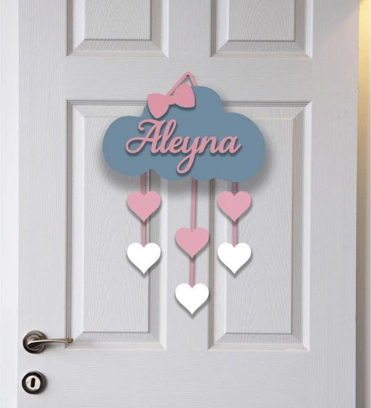 Meşgalem Gri Buluta Asılı Pembe ve Beyaz Kalpler Temalı Kişiye Özel Kapı Süsü ürün görseli
