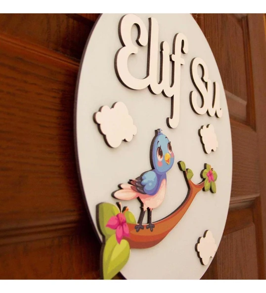 İsme Özel Küçük Kuş Tasarımlı Çocuk Odası Kapı Süsü - Resim 2