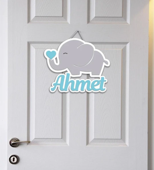 Meşgalem Hortumundan Mavi Kalp Çıkan Fil Yavrusu Temalı Kişiye Özel Kapı Süsü ürün görseli