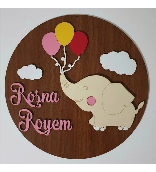 İsme Özel Fil ve Balon Temalı Çocuk Odası Kapı Süsü ürün görseli