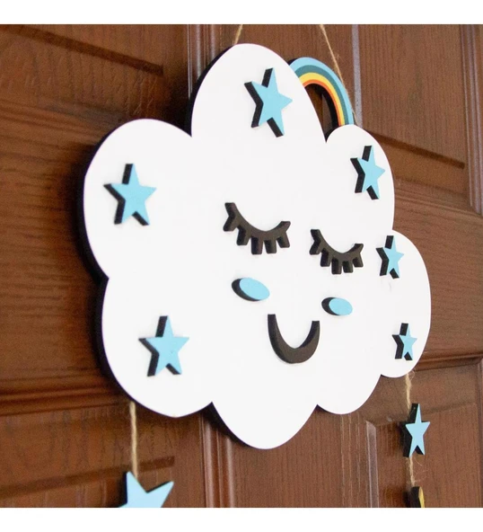 Meşgalem Gülümseyen Mavi Bulut ve Melek Kanatlı Temalı Kişiye Özel Kapı Süsü - Resim 3