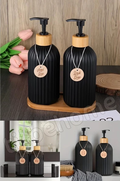 Tilbe Home 2’li Siyah Retro Dekoratif Mutfak Banyo Sıvı Cam Sabunluk Seti 500ml Bambu Stantlı Sabunluk Seti - 5