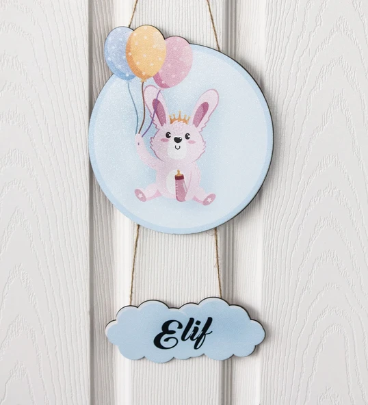 Meşgalem Balon Tutan Yavru Tavşan Temalı Kişiye Özel Kapı Süsü