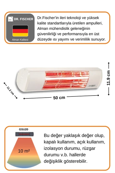 Goldsun Aqua 2000 Watt GSU20 Şemsiye Tip Kumandasız Suya Dayanıklı Elektrikli İnfrared Isıtıcı-Beyaz - Resim 4