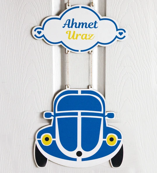 Meşgalem Vosvos Arabalı Sarı Lacivert Temalı Kişiye Özel Kapı Süsü ürün görseli