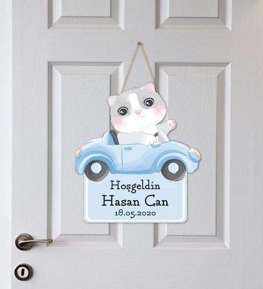 İsme Özel Bebek Odası Ahşap Kapı Süsü - Kedi Figürlü ürün görseli