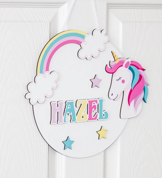 İsme Özel 3D Unicorn Bebek & Çocuk Odası Ahşap Kapı Süsü ürün görseli