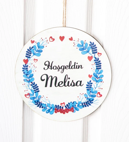 Meşgalem Kırmızı Kalp ve Mavi Çiçek Temalı Kişiye Özel Kapı Süsü ürün görseli