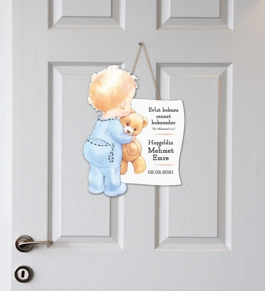 Meşgalem Ayıcık Taşıyan Bebek Temalı Kişiye Özel Kapı Süsü ürün görseli