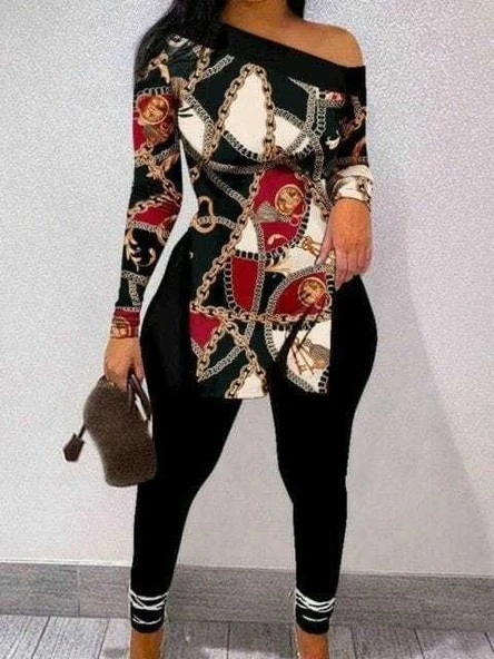 Kadın Uzun Kollu Zincir Desen Tek Omuz Düşük Mikro Bluz - Resim 2