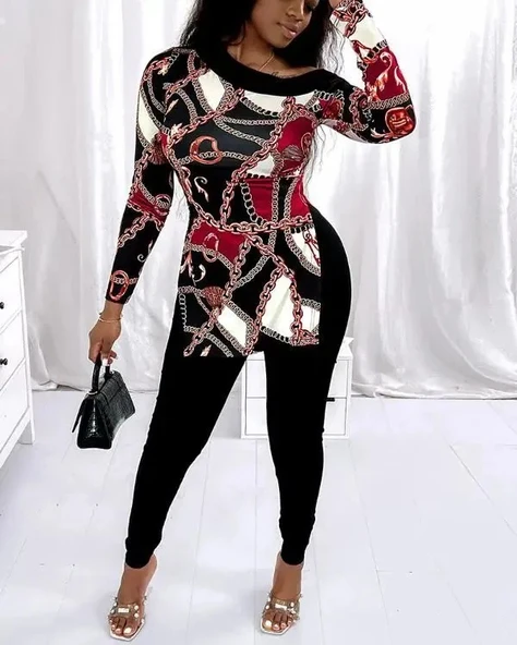 Kadın Uzun Kollu Zincir Desen Tek Omuz Düşük Mikro Bluz ürün görseli