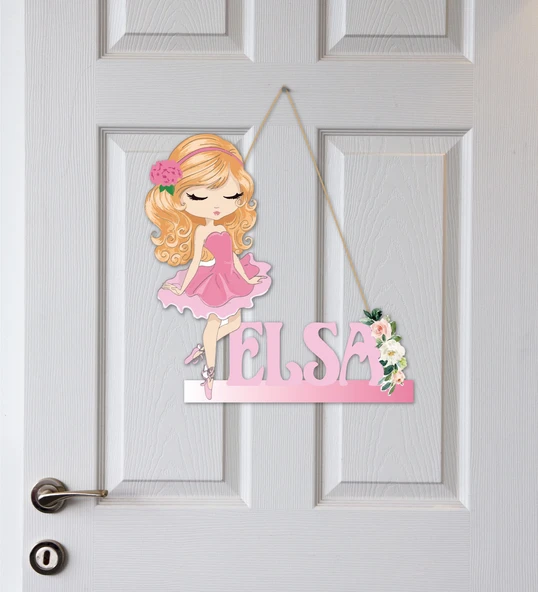 Meşgalem Pembe Elbiseli Kız Temalı Kişiye Özel Kapı Süsü ürün görseli