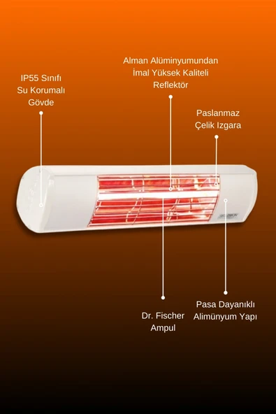 Goldsun Aqua 2000 Watt GSU20 Şemsiye Tip Kumandasız Suya Dayanıklı Elektrikli İnfrared Isıtıcı-Beyaz - Resim 5