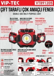 VİPTEC VT891205 ÇİFT TARAFLI ÇOK AMAÇLI FENER ürün görseli