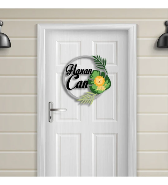 Meşgalem Yavru Aslan ve Yaprak Temalı Kişiye Özel Kapı Süsü ürün görseli