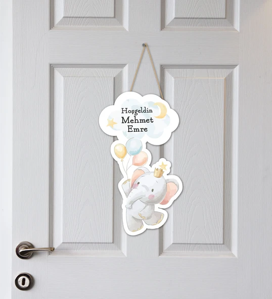 Meşgalem Balon Tutan Fil Yavrusu Temalı Kişiye Özel Kapı Süsü ürün görseli