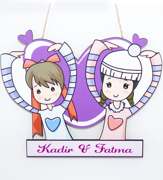 Meşgalem Mor Kalpli Kardeş Temalı Kişiye Özel Kapı Süsü ürün görseli