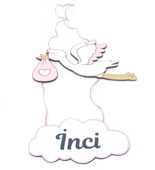 Meşgalem Pembe Uçan Leylek ve Bulut Temalı Kişiye Özel Kapı Süsü - Resim 2